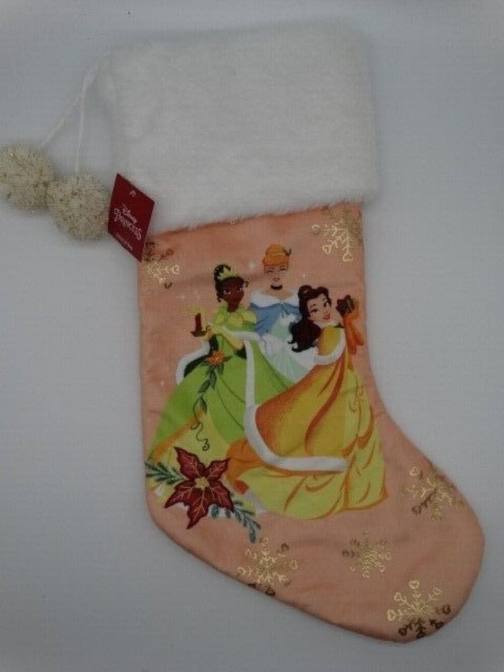 Disney Princess Christms Stocking Tiana Cinderella Belle Peach & White 20"